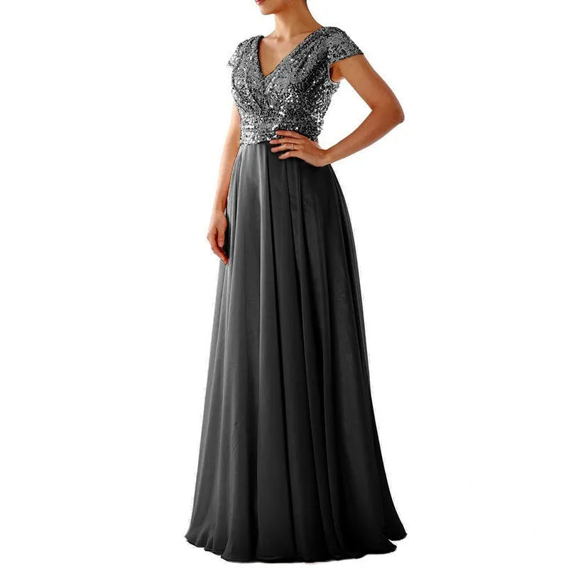 V neck sleevesless sequins patchwork flare maxi dress | Summer evening gowns formal party bridesmaid dress