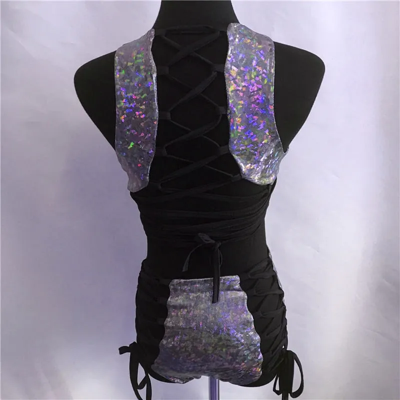 VenusFox FestivalQueen 2 piece holographic crop top high waist shorts rave wear