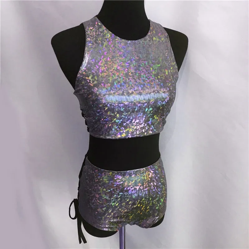 VenusFox FestivalQueen 2 piece holographic crop top high waist shorts rave wear