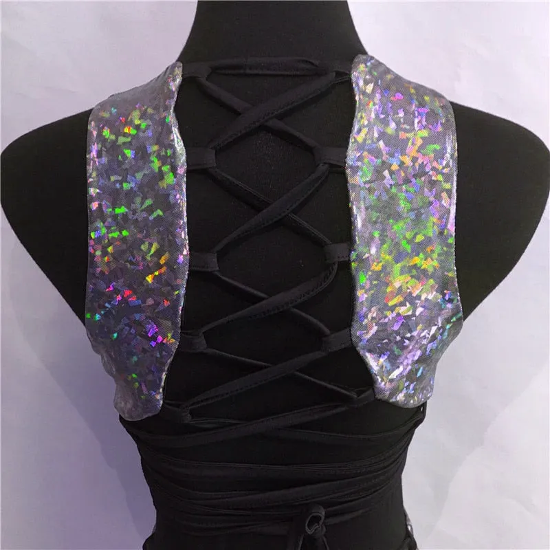 VenusFox FestivalQueen 2 piece holographic crop top high waist shorts rave wear