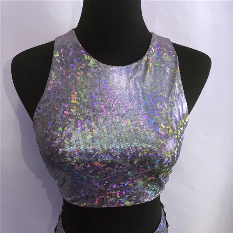 VenusFox FestivalQueen 2 piece holographic crop top high waist shorts rave wear