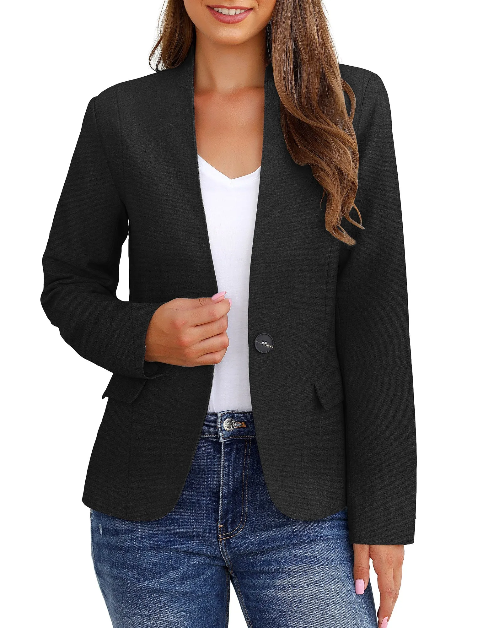 Vetinee Women's Black Blazers Button Down Open Front Business Casual Pockets Jacket Suits