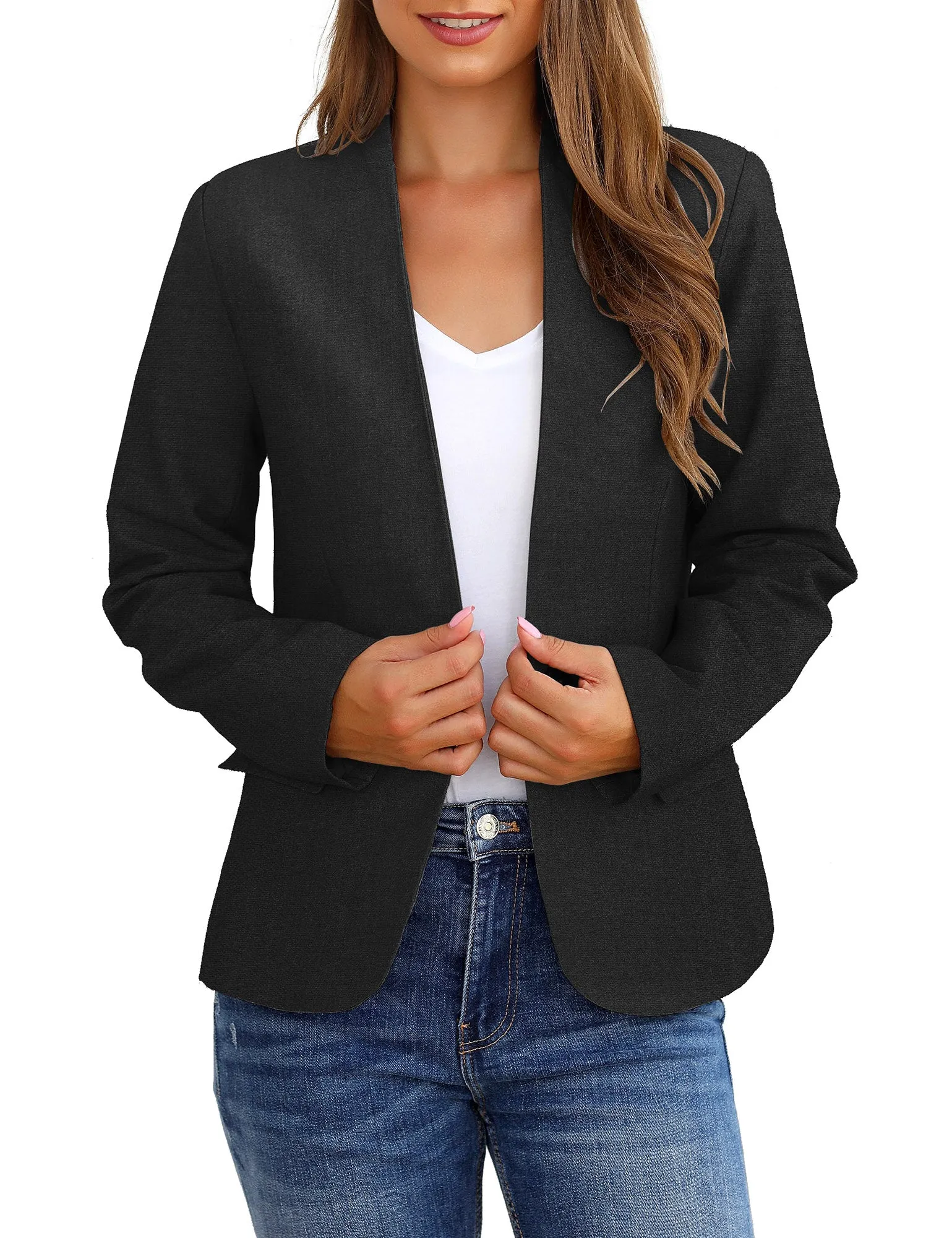 Vetinee Women's Black Blazers Button Down Open Front Business Casual Pockets Jacket Suits