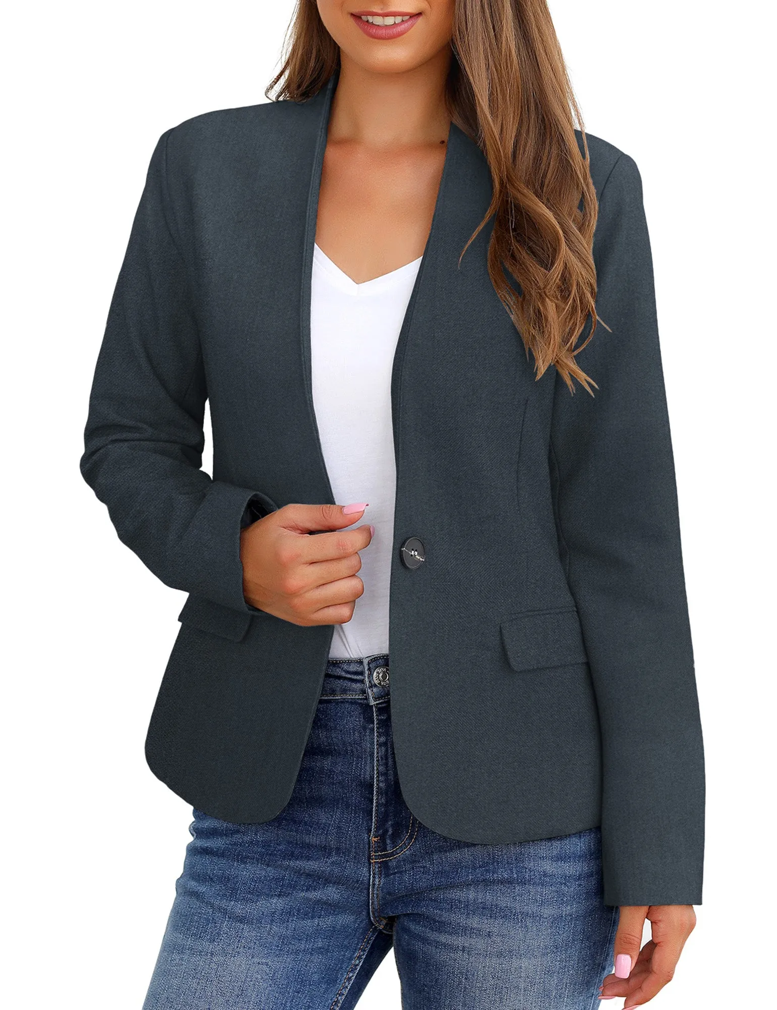 Vetinee Women's Black Blazers Button Down Open Front Business Casual Pockets Jacket Suits