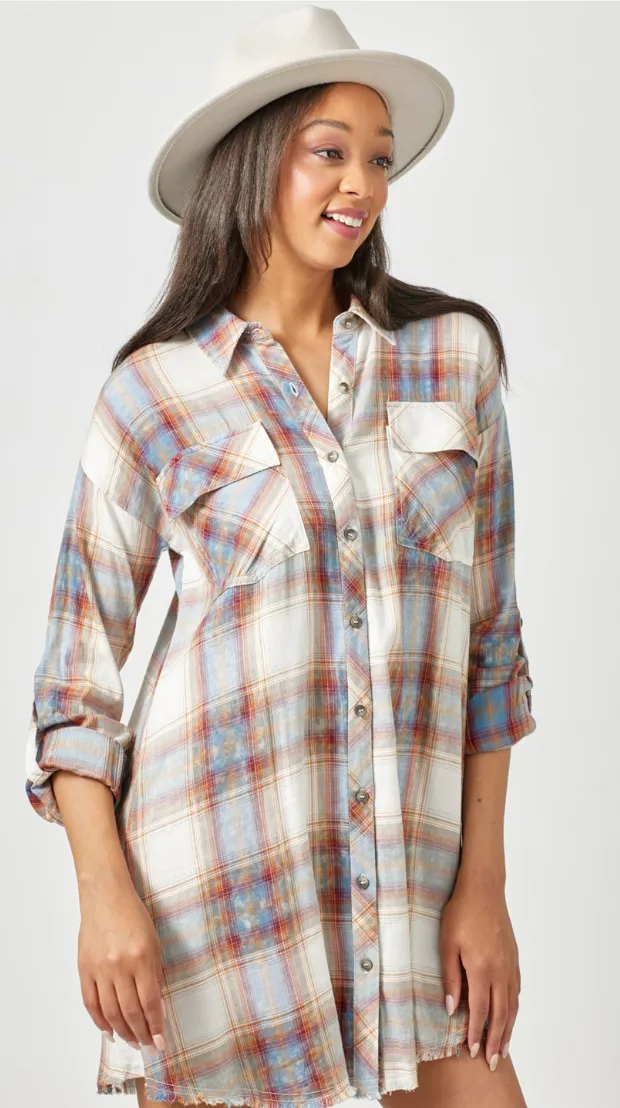 Washed Plaid Shirt Dress