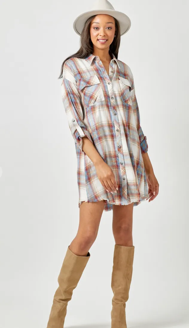 Washed Plaid Shirt Dress