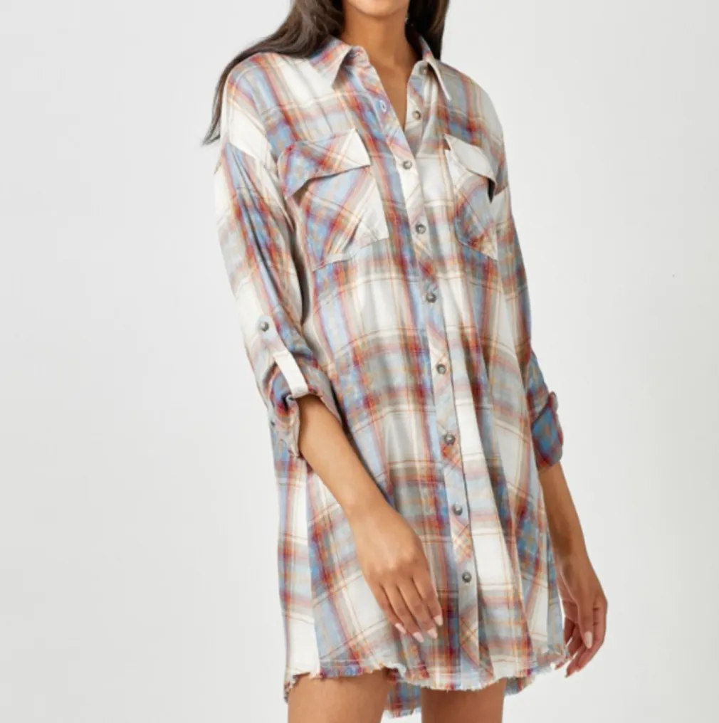 Washed Plaid Shirt Dress