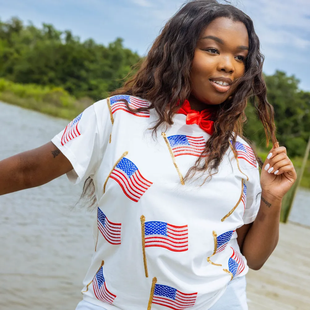 White Scattered Metallic American Flag Tee- Women's