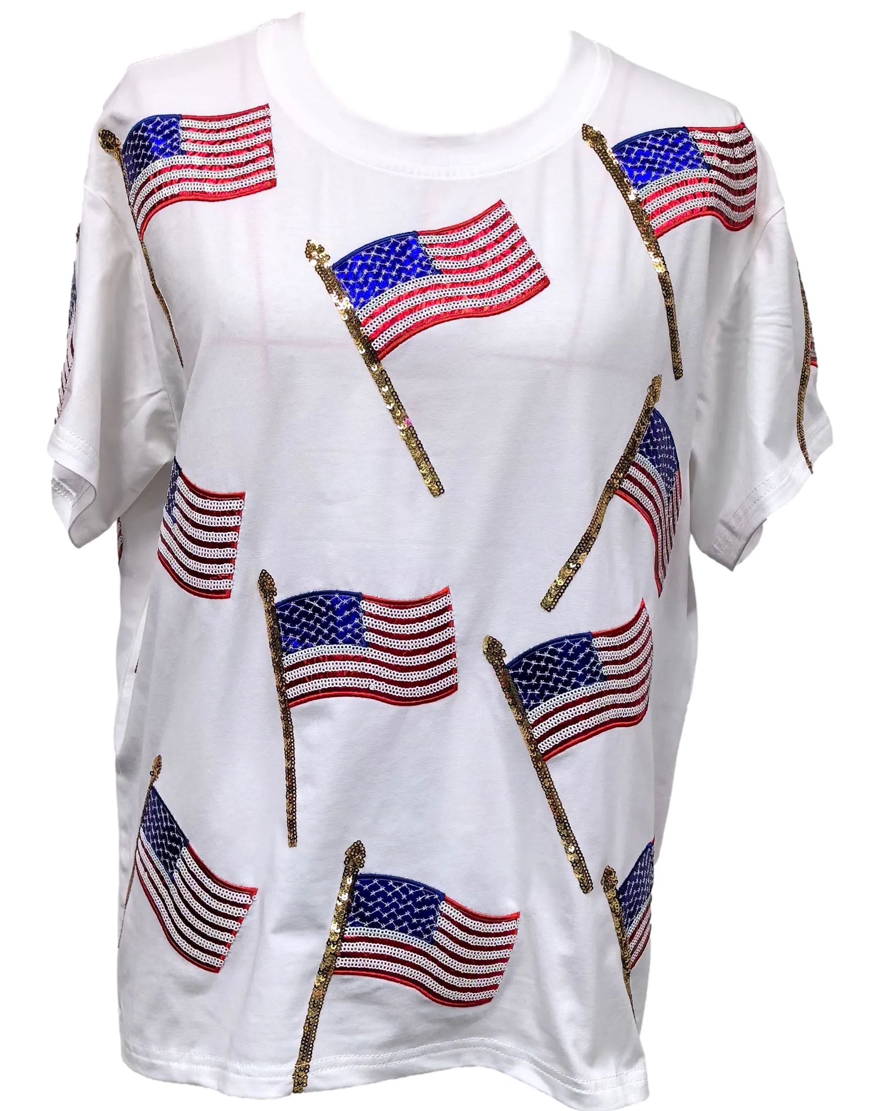 White Scattered Metallic American Flag Tee- Women's