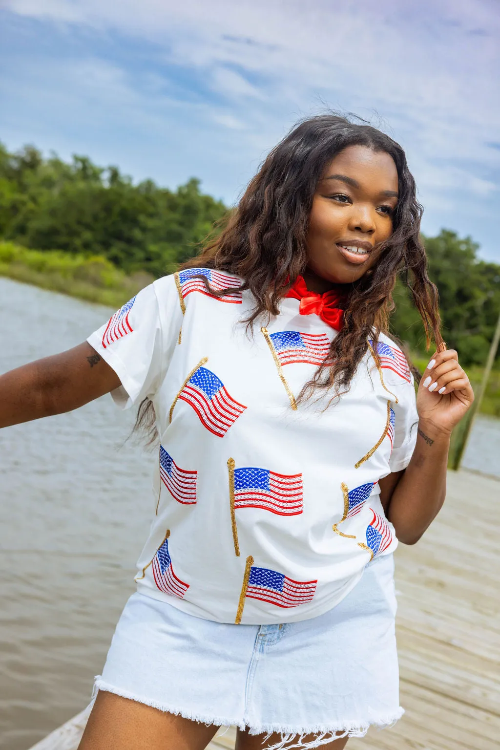 White Scattered Metallic American Flag Tee- Women's