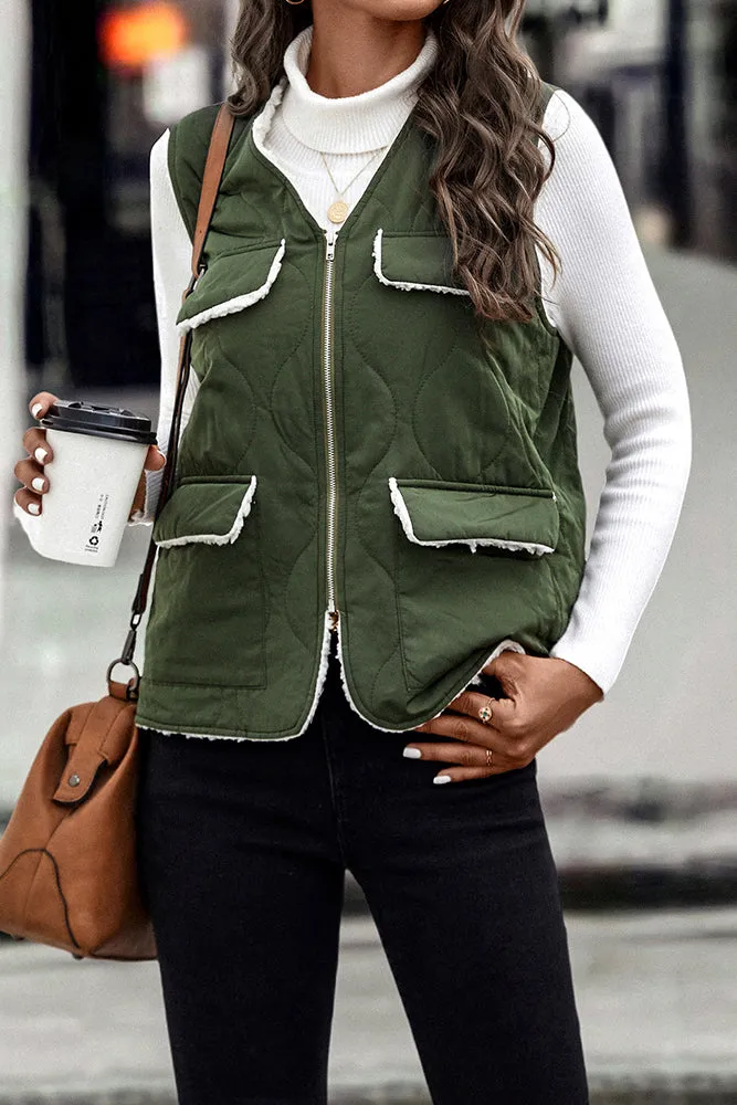 Winter Outfits Green V Neck Vest Coat with Pockets