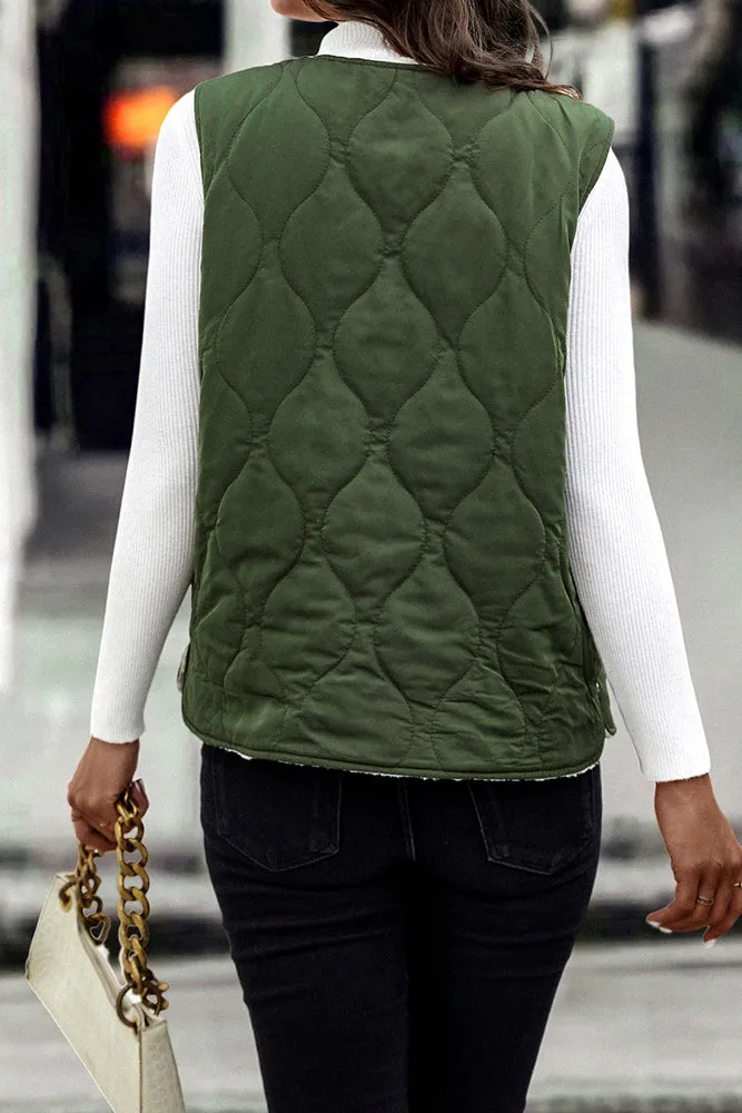 Winter Outfits Green V Neck Vest Coat with Pockets