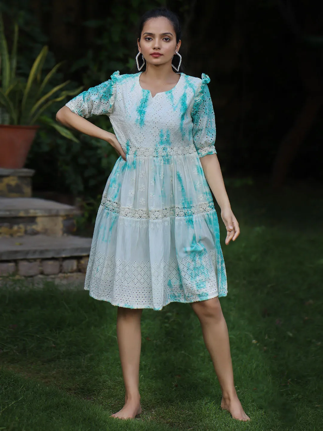 Women Anarkali White Tie & Dye Midi Dress