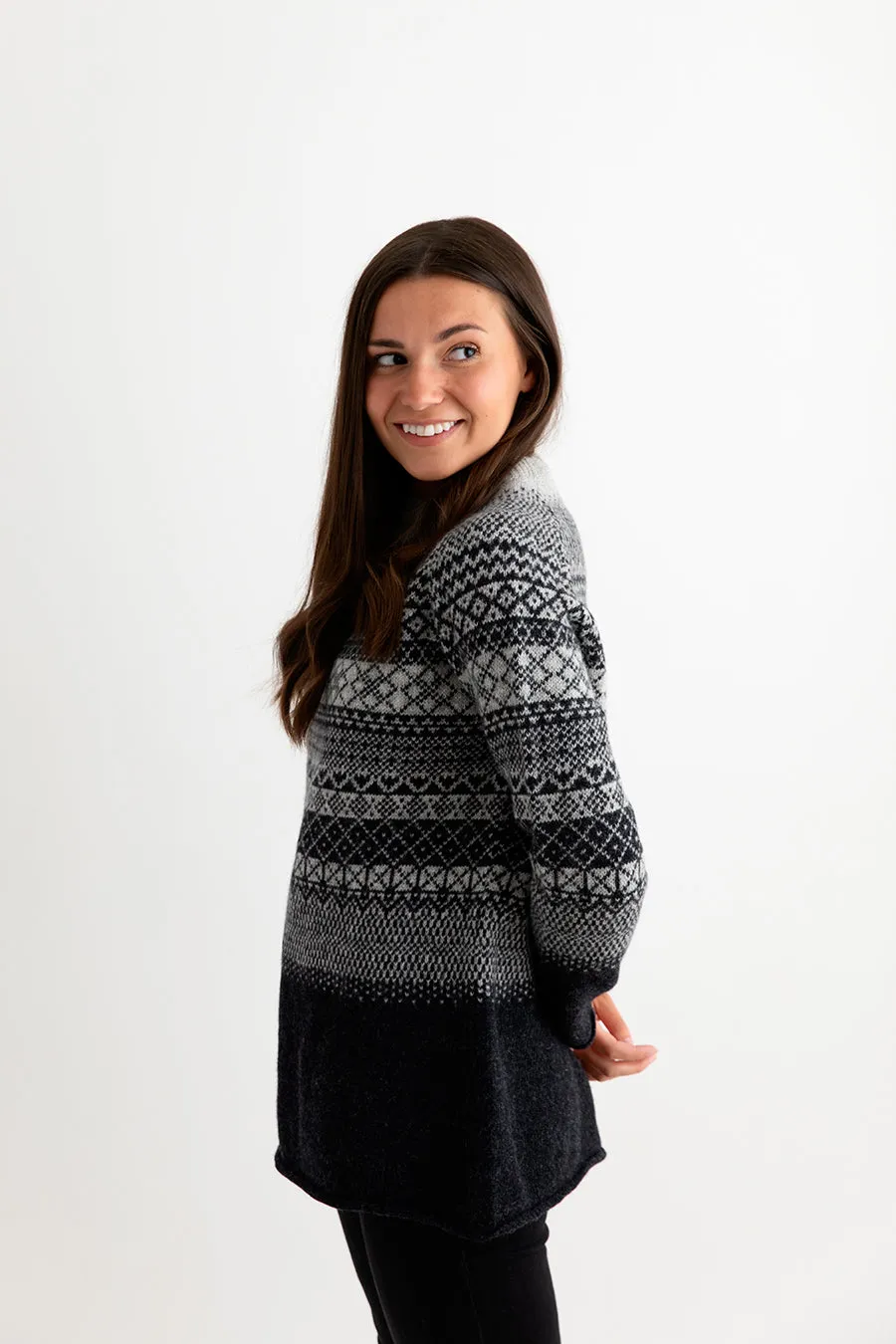 Womens Lace Fair Isle Tunic Jumper - charcoal