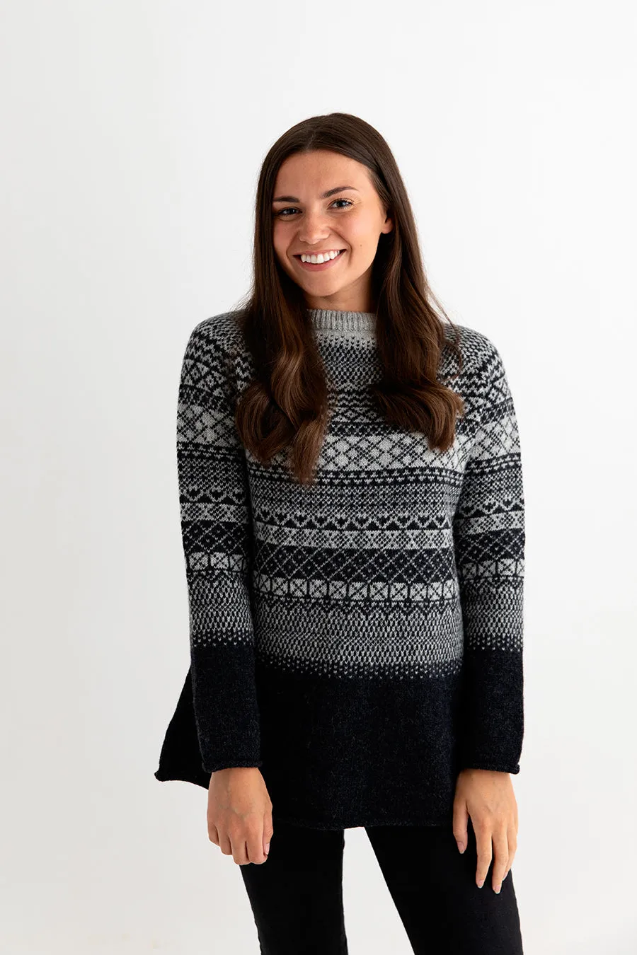 Womens Lace Fair Isle Tunic Jumper - charcoal